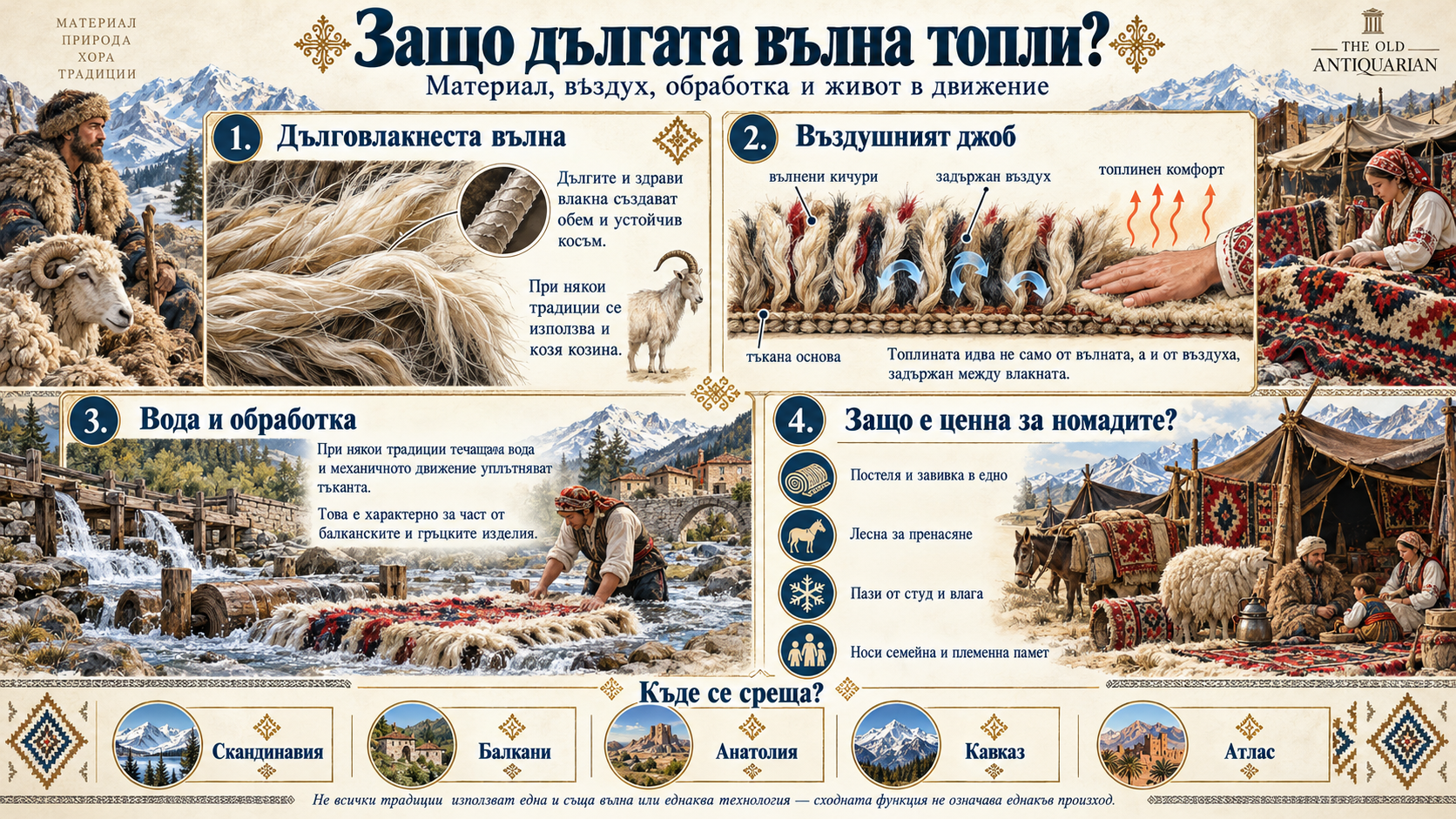 Защо дългата вълна топли – свойства и обработка Инфографика за топлоизолацията на дълговлакнестата вълна – въздух между влакната, ланолин, водна обработка и номадски текстил