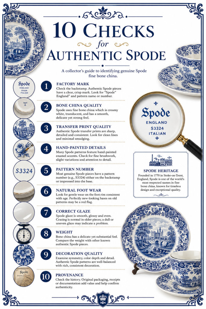 Infographic showing 10 checks for authentic Spode china, including factory marks, bone china quality, transfer prints, hand-painted details, pattern numbers, glaze, weight, and provenance.
