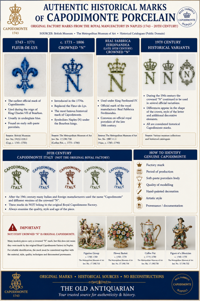 Authentic historical Capodimonte porcelain marks including Fleur-de-Lys, Crowned N, Real Fabbrica Ferdinandea and later Capodimonte Italy marks used for identifying genuine Italian porcelain.