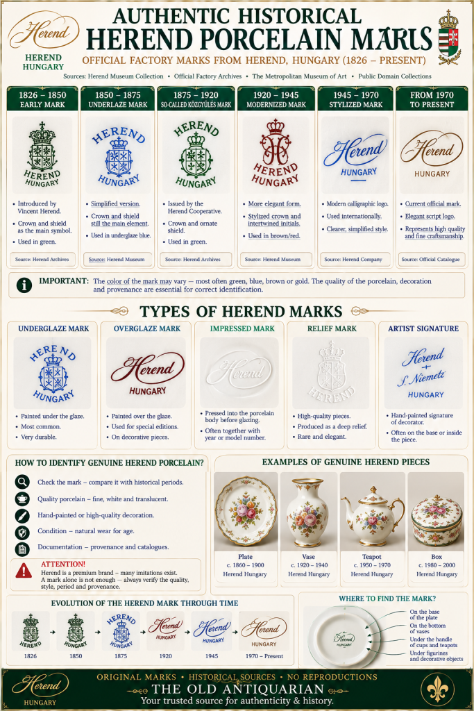 Authentic historical Herend porcelain marks including factory coats of arms, underglaze and overglaze marks, impressed marks and artist signatures used for identifying genuine Hungarian porcelain.