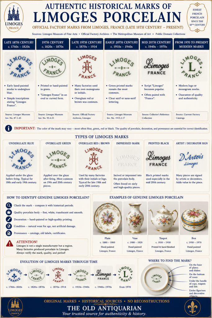 Authentic historical Limoges porcelain marks including early Limoges France marks, factory monograms, printed and impressed backstamps, artist signatures and modern Limoges trademarks for identifying genuine French porcelain.