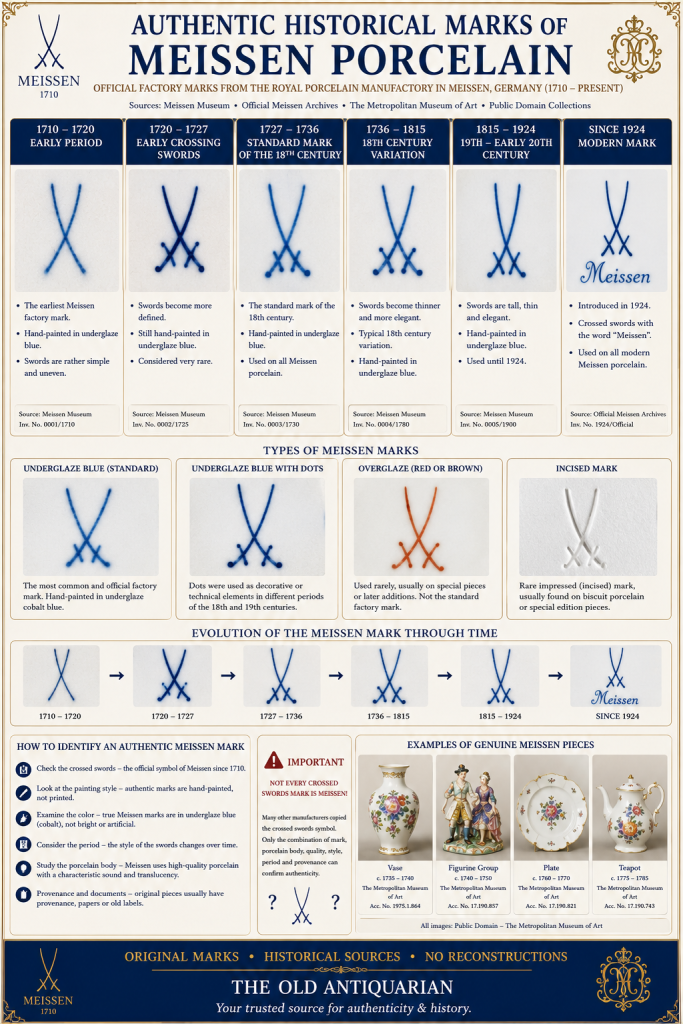 Authentic historical Meissen porcelain marks including the early crossed swords, eighteenth-century factory marks, nineteenth-century variations and modern Meissen trademarks used for identifying genuine German porcelain.
