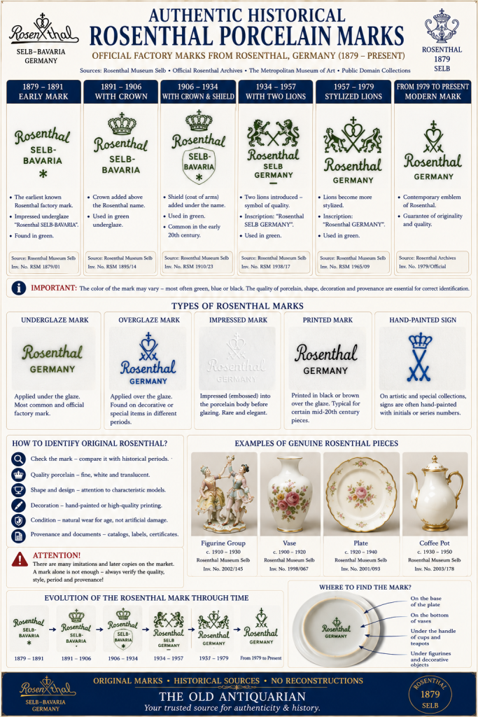 Rosenthal porcelain marks by date showing authentic historical factory marks from early Philipp Rosenthal marks to modern Rosenthal backstamps