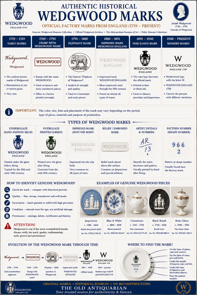 Authentic historical Wedgwood marks including early Wedgwood signatures, impressed WEDGWOOD marks, WEDGWOOD ENGLAND backstamps, Jasperware, Creamware, Black Basalt marks, artist initials and pattern numbers for identifying genuine English ceramics and porcelain.