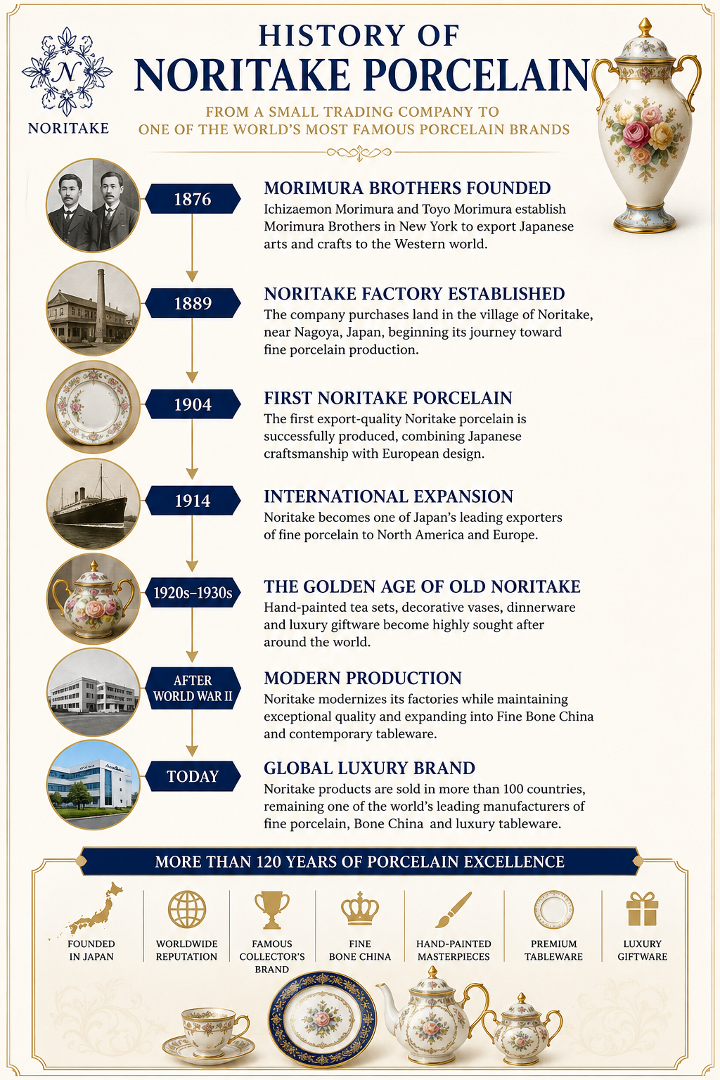 History of Noritake porcelain timeline infographic