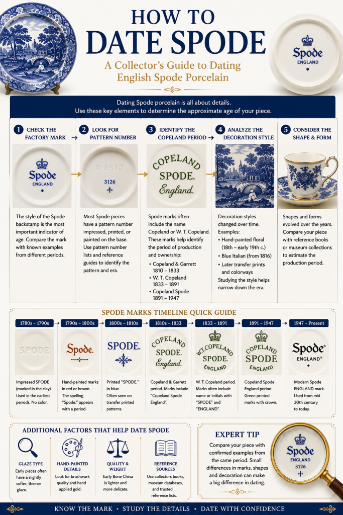 Infographic explaining how to date Spode porcelain by examining factory marks, pattern numbers, Copeland periods, decoration styles, and production characteristics.