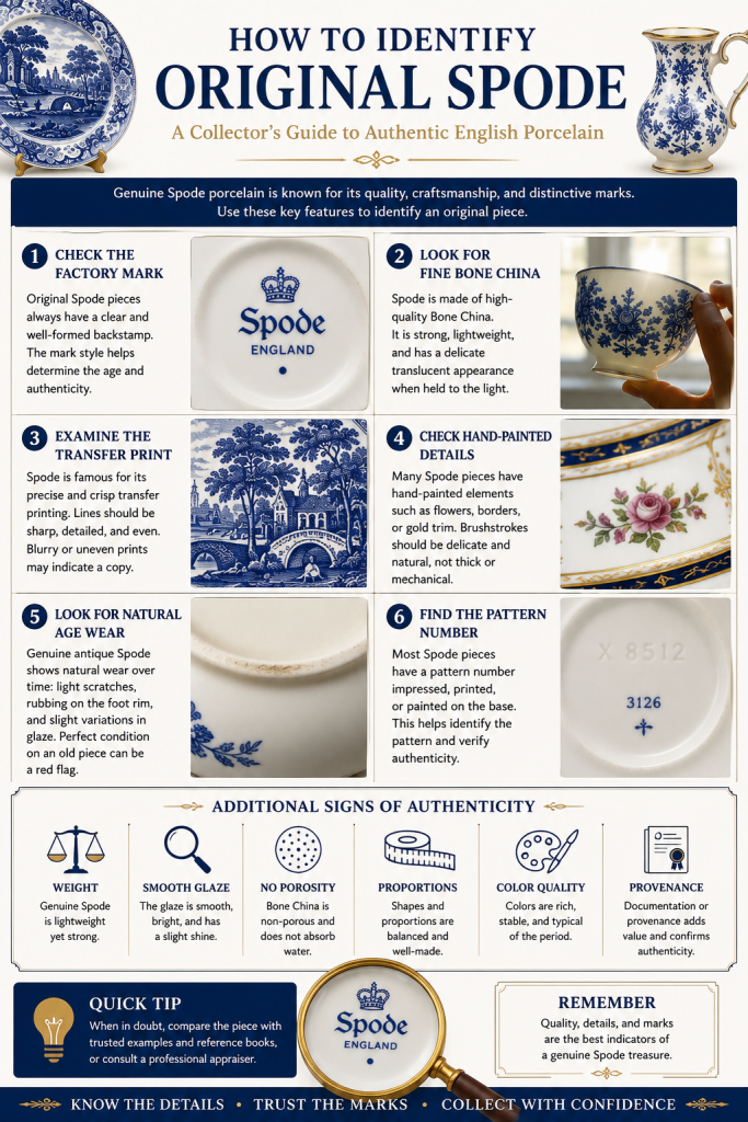 Infographic explaining how to identify original Spode porcelain using factory marks, Bone China quality, transfer printing, hand-painted details, and pattern numbers.