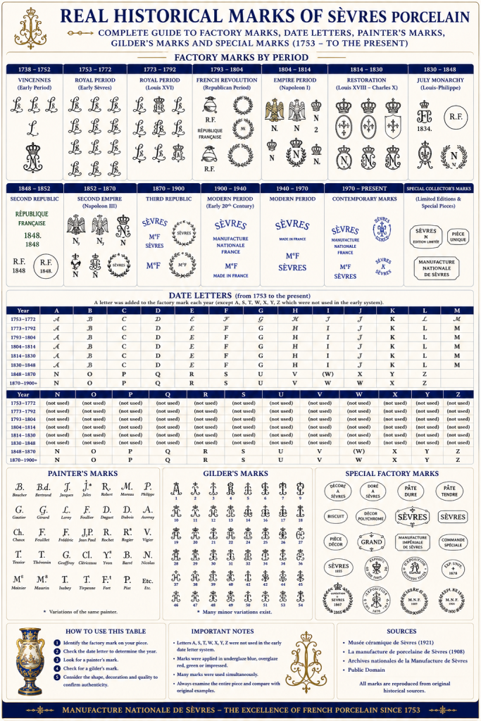 Complete historical reference chart showing authentic Sèvres porcelain marks, factory backstamps, date letters, painter's marks, gilder's marks and special factory marks from 1738 to the present.