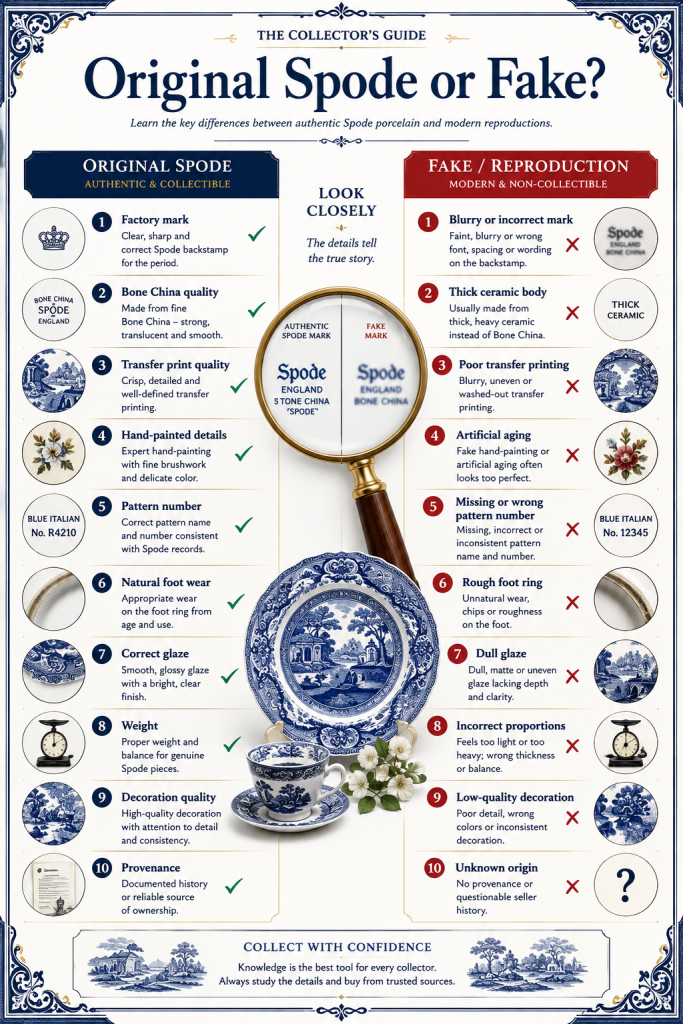 Original Spode or Fake? Infographic comparing authentic Spode porcelain with reproductions, including factory marks, Bone China quality, transfer print, glaze, pattern numbers and provenance.