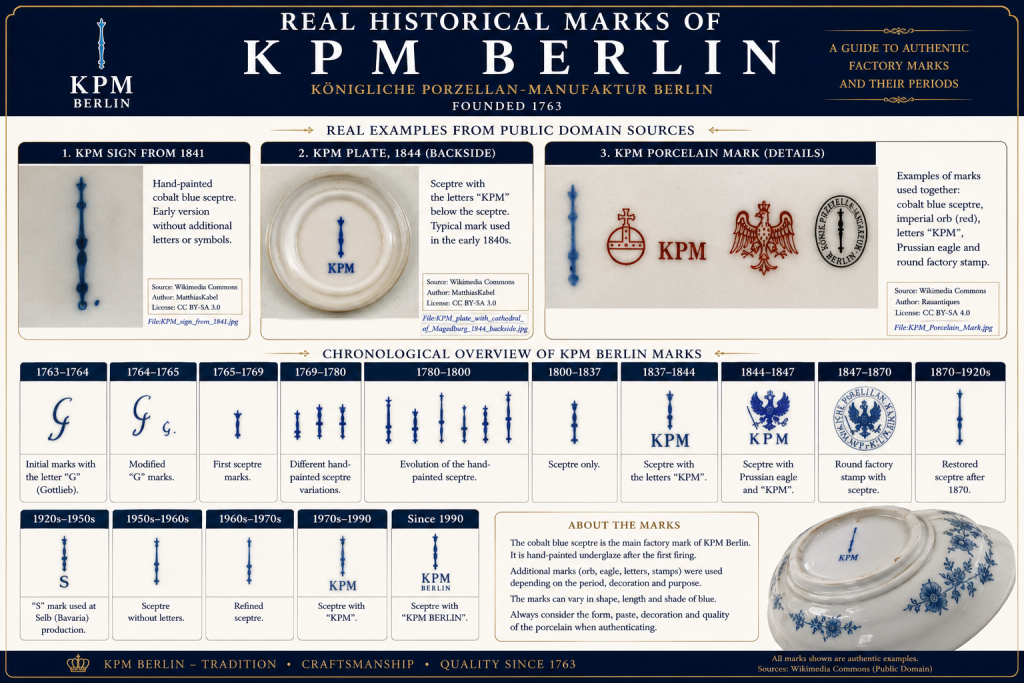 Real historical KPM Berlin porcelain marks and factory backstamps from 1763 to the present, including the cobalt blue sceptre, KPM marks, Prussian eagle and round factory stamp.