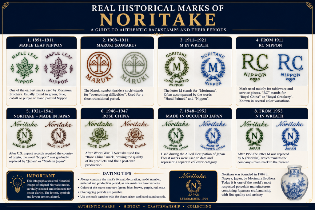 Real historical Noritake porcelain marks and backstamps from 1891 to the modern era