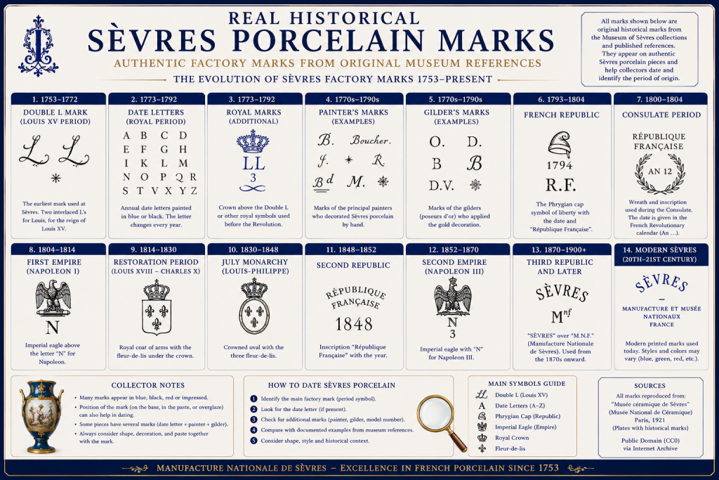 Real historical Sèvres porcelain marks showing the evolution of authentic factory marks, date letters, painter's marks, gilder's marks and official Sèvres marks from 1753 to the present.