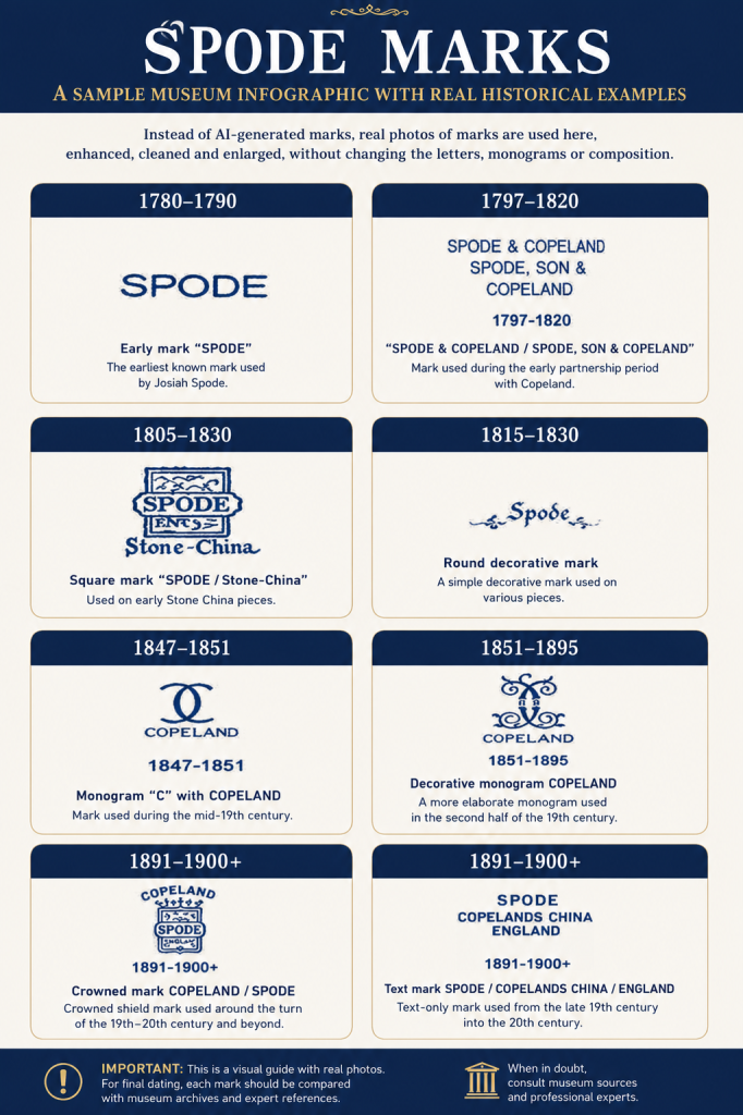 Historical infographic showing authentic Spode and Copeland porcelain marks from 1770 to the late 19th century. Includes real historical backstamps used to identify and date original English Spode porcelain.
