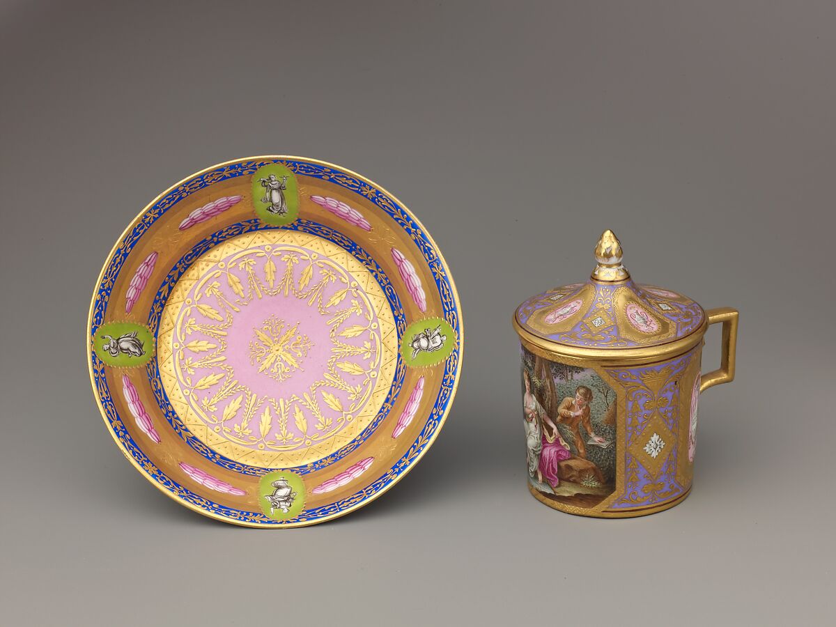 Antique Bohemian porcelain cup and saucer with painted and gilded decoration