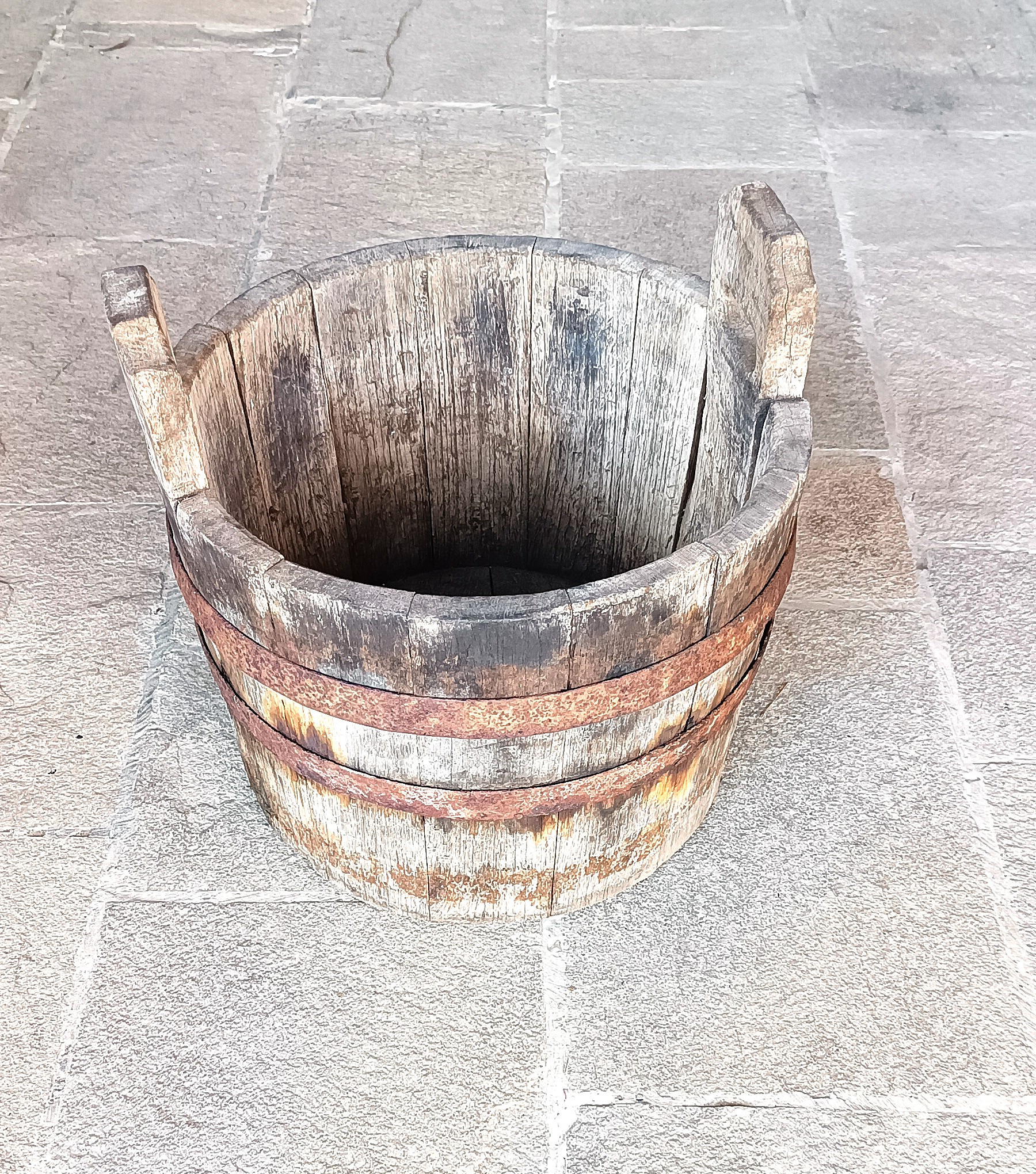 Antique Bulgarian Balkan coopered wooden vessel with two raised handles and riveted iron hoops, 19th century