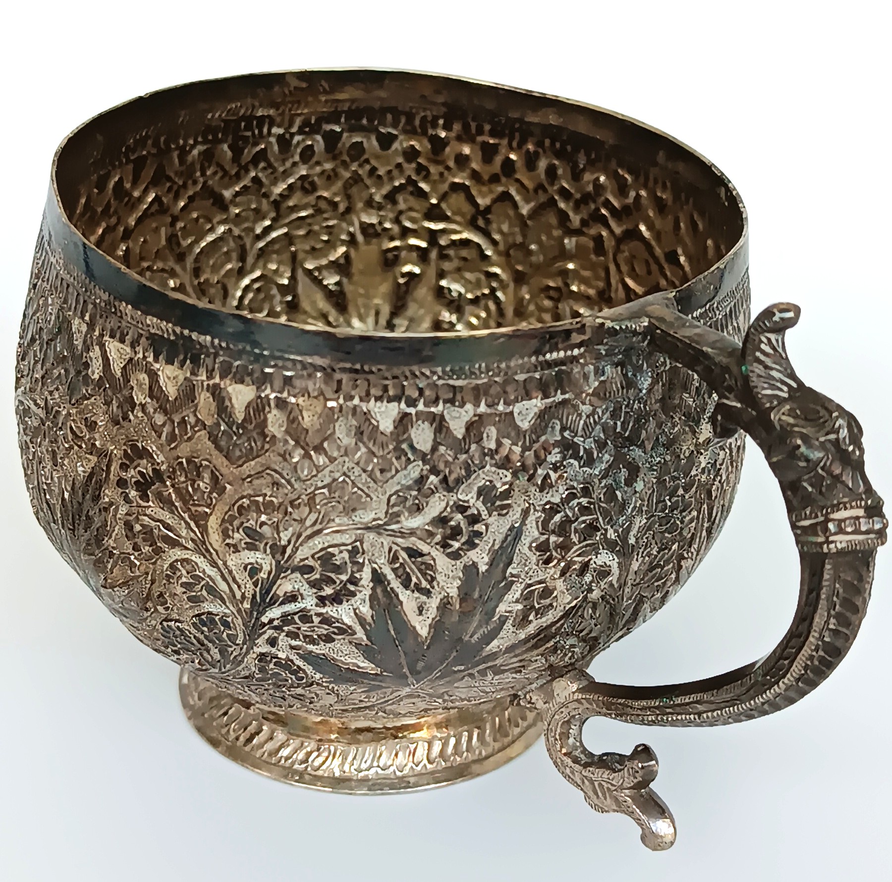 Antique Kashmiri Anglo-Indian cup with dense floral decoration and zoomorphic serpent-form handle, circa 1900