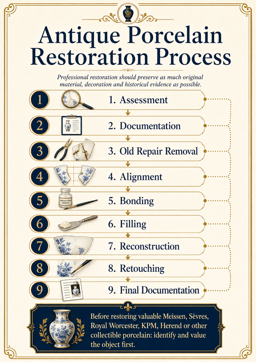 Antique Porcelain Restoration Process Antique porcelain restoration process showing assessment, documentation, repair removal, alignment, bonding, filling, reconstruction and retouching