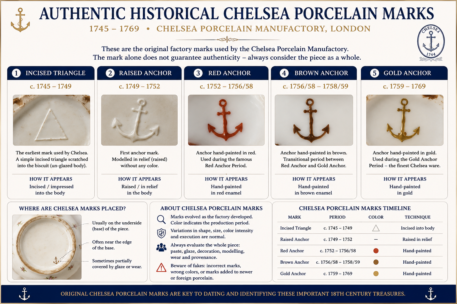 Authentic Historical Chelsea Porcelain Marks 1745–1769 Authentic historical Chelsea porcelain marks from 1745 to 1769 including triangle and anchor marks