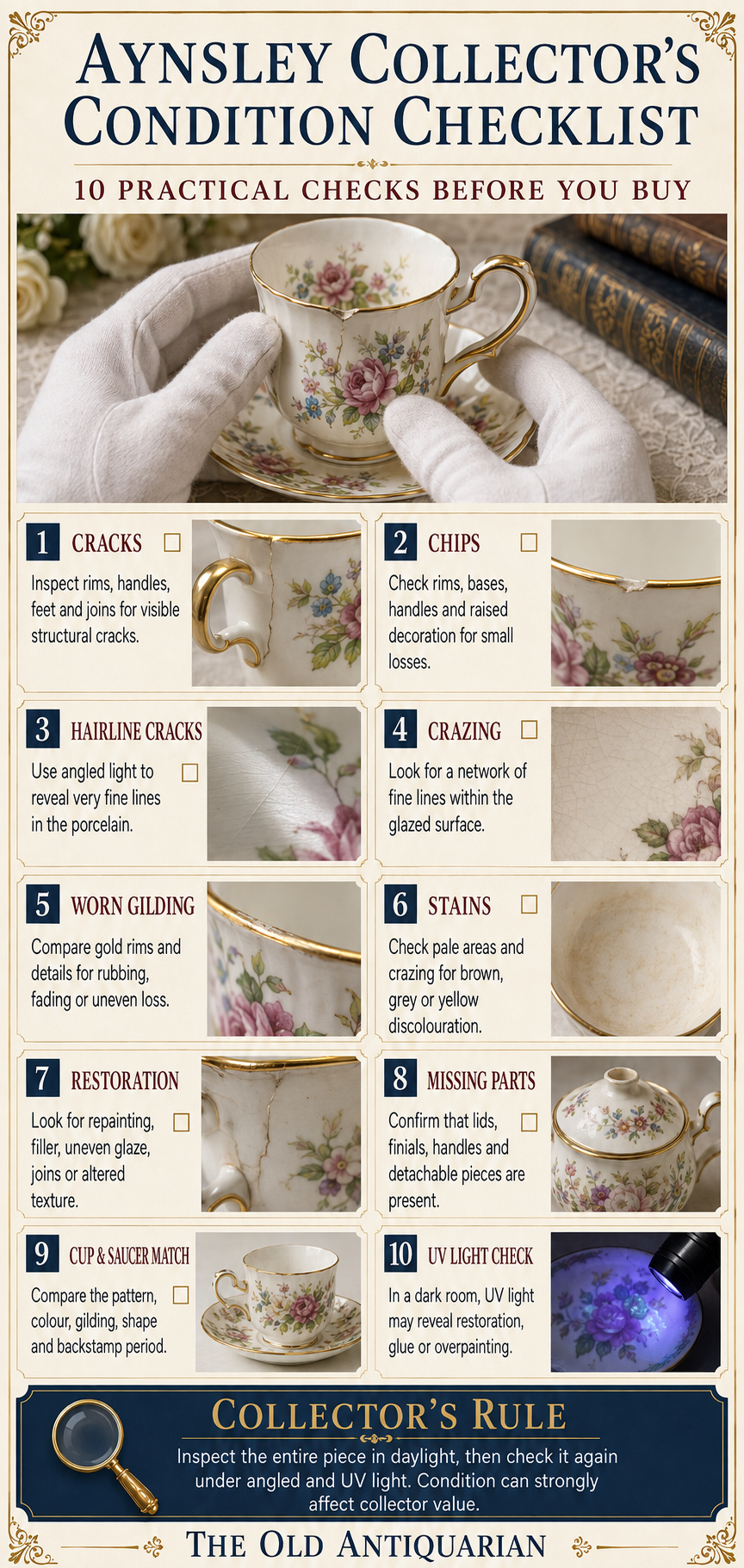 Aynsley Collector's Condition Checklist Aynsley porcelain condition checklist showing cracks, chips, crazing, worn gilding, restoration and UV inspection