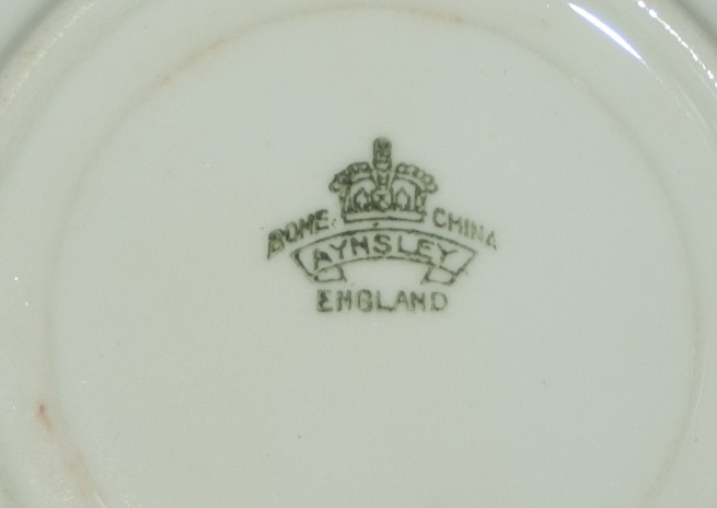 Aynsley Plate Bottom and Backstamp Identification Bottom of an Aynsley plate showing the factory backstamp used for identification