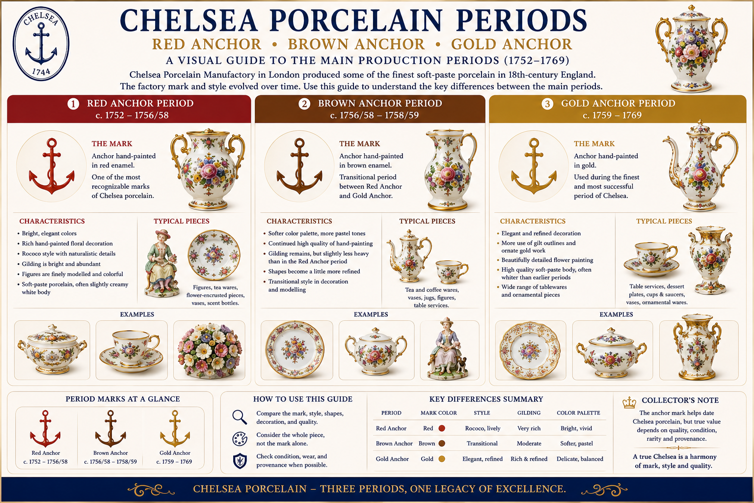 Chelsea Porcelain Periods – Red, Brown & Gold Anchor Guide Chelsea porcelain periods guide comparing Red Anchor Brown Anchor and Gold Anchor porcelain
