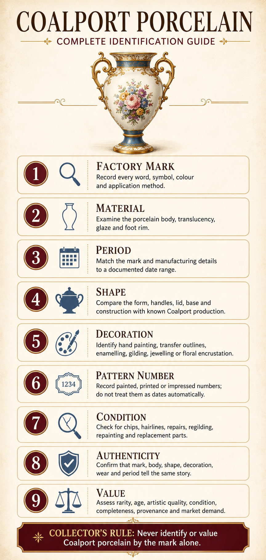 Coalport porcelain complete identification guide showing marks, material, period, decoration, pattern numbers, condition and value