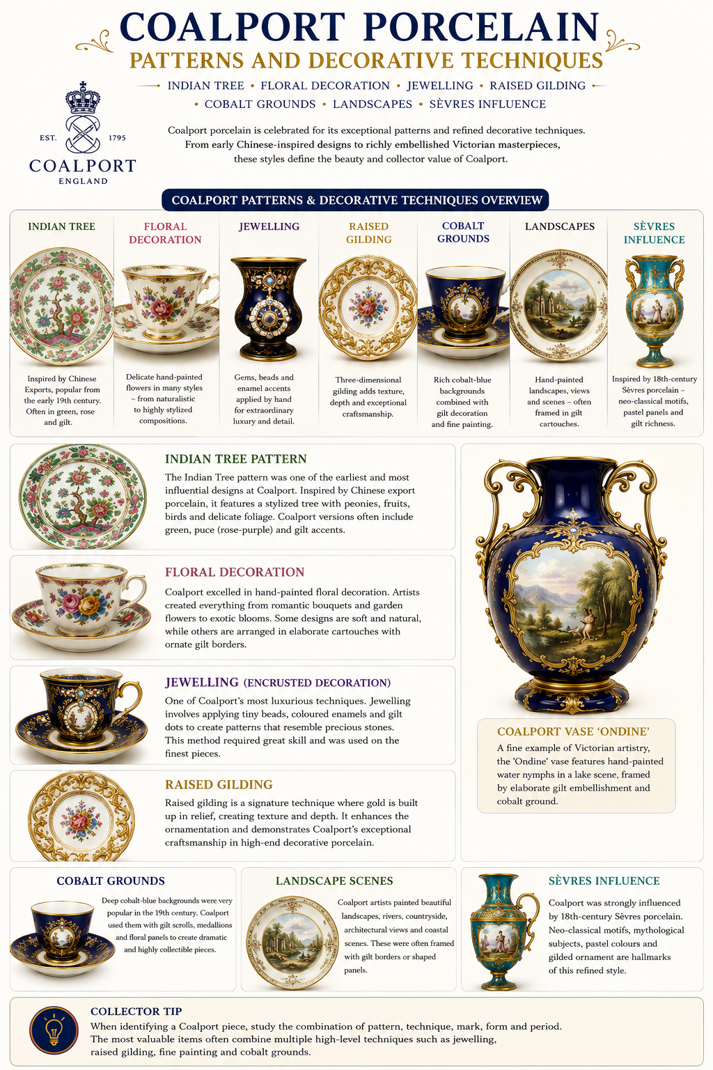 Coalport porcelain patterns and decorative techniques including Indian Tree jewelling gilding cobalt grounds landscapes and Sevres influence