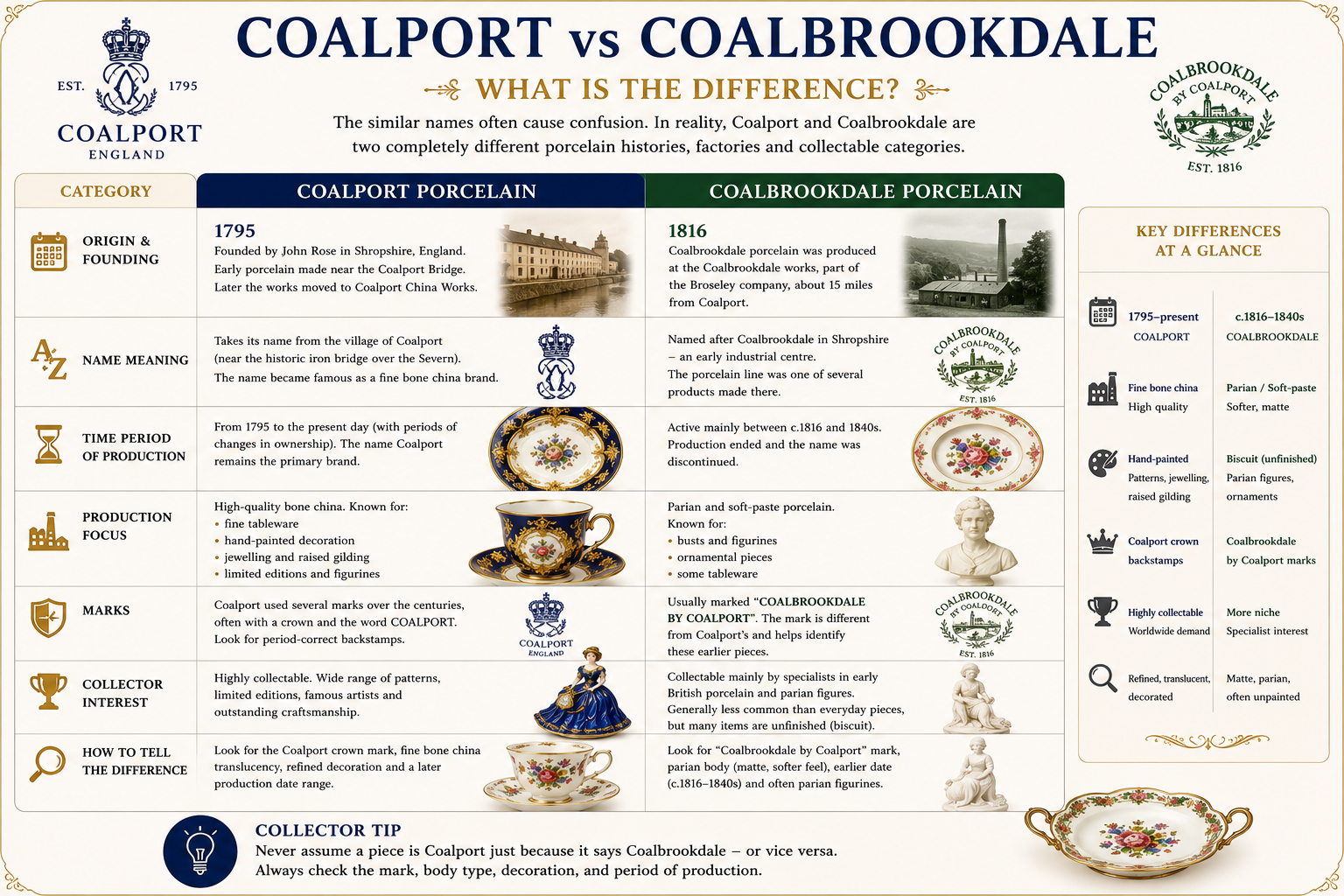 Coalport vs Coalbrookdale porcelain comparison showing differences in history, terminology, decoration and identification