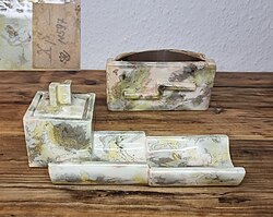 Goebel Inkwell and Blotting Rocker – 1920s Goebel ceramic inkwell and blotting rocker with marbled decoration from the 1920s