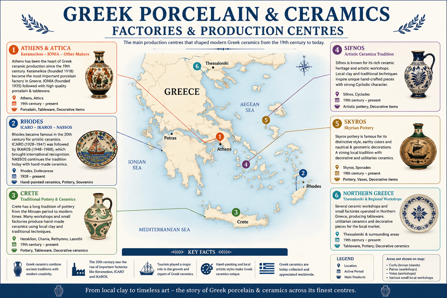 Map of Greek porcelain and ceramics factories and production centres including Rhodes and Athens