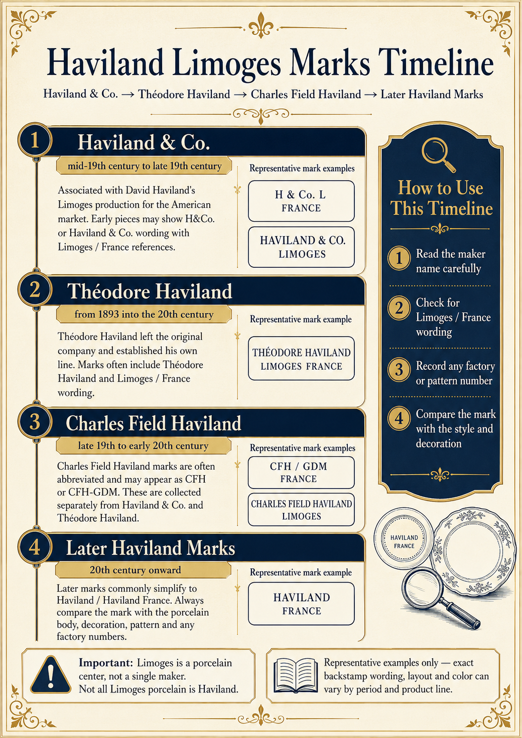 Haviland Limoges Marks Timeline Haviland Limoges marks timeline showing Haviland and Co, Theodore Haviland, Charles Field Haviland and later Haviland backstamps