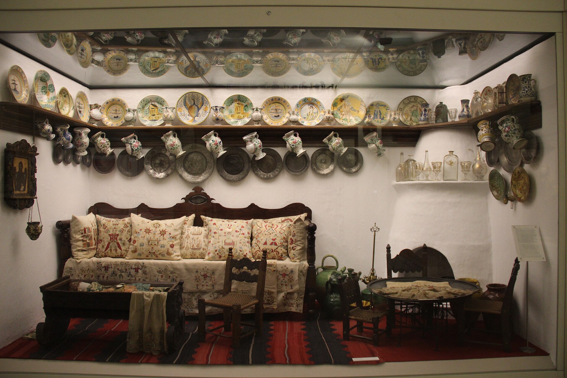 Historic Greek interior with porcelain displayed in the Benaki Museum Athens