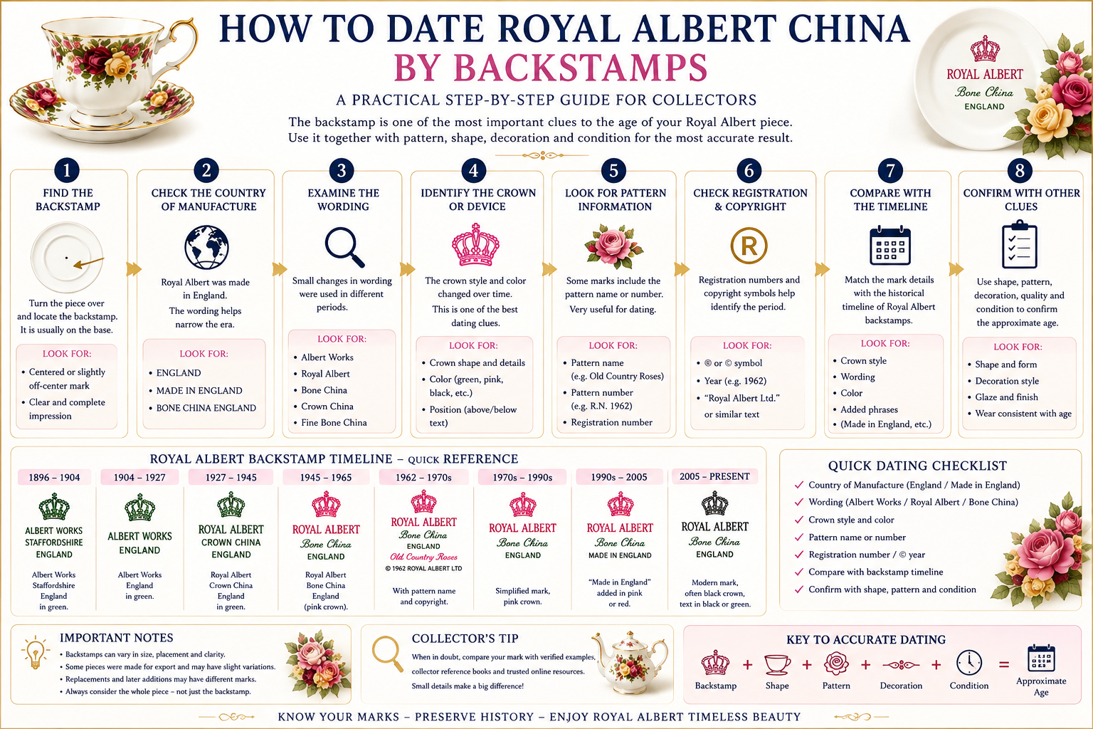How to date Royal Albert china by backstamps marks wording and manufacturing clues