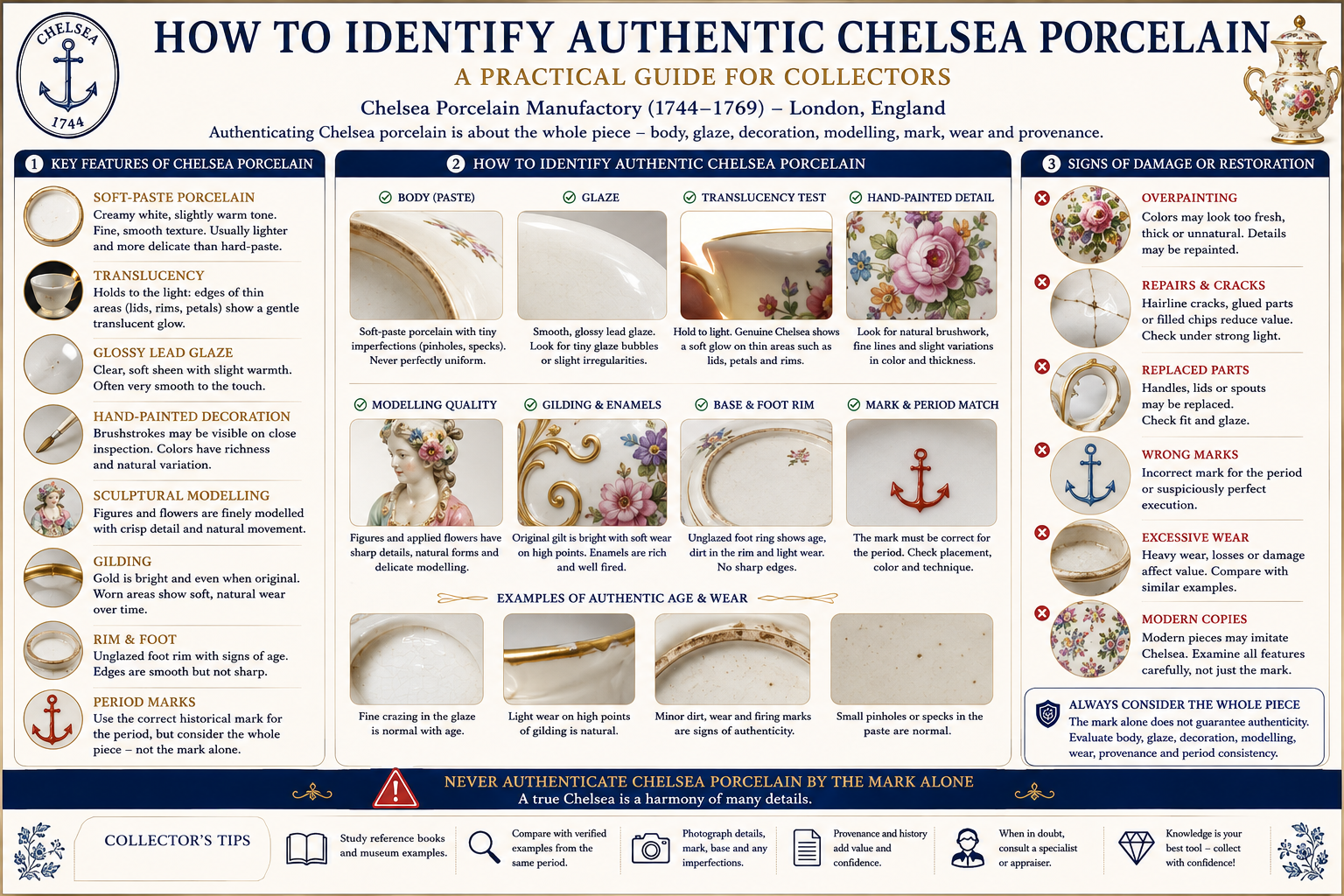 How to Identify Authentic Chelsea Porcelain How to identify authentic Chelsea porcelain by examining soft-paste porcelain, glaze, decoration, gilding, marks, foot rim and restoration