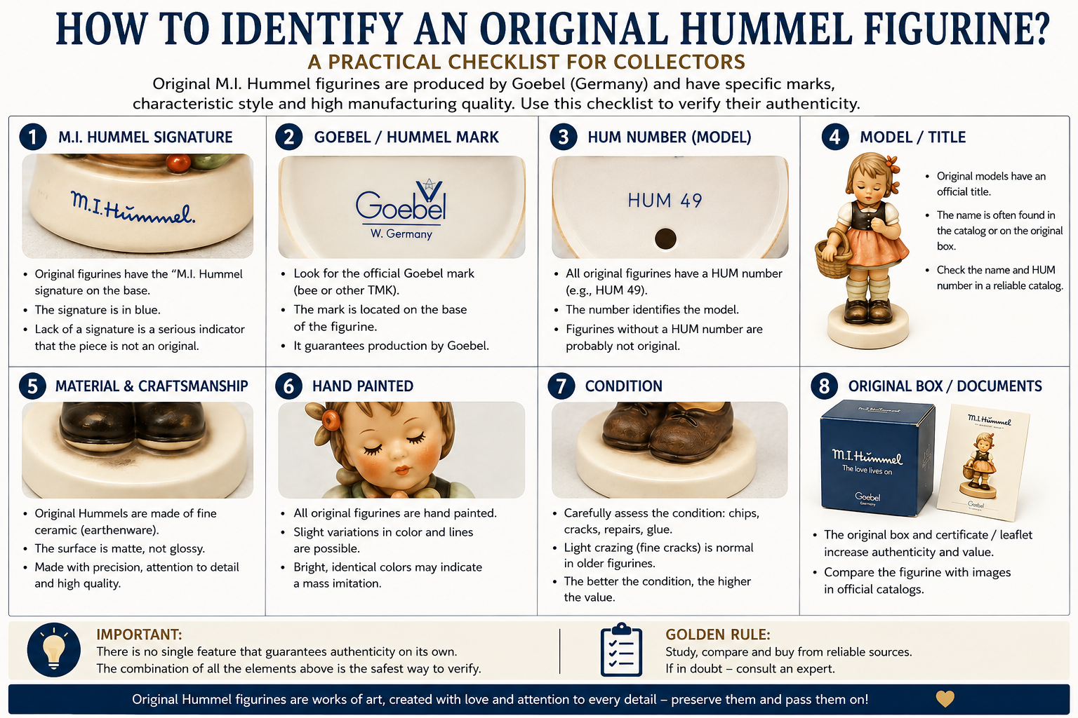 How to Identify an Original Hummel Figurine – Collector Checklist How to identify an original Hummel figurine using signature Goebel mark HUM number craftsmanship and condition