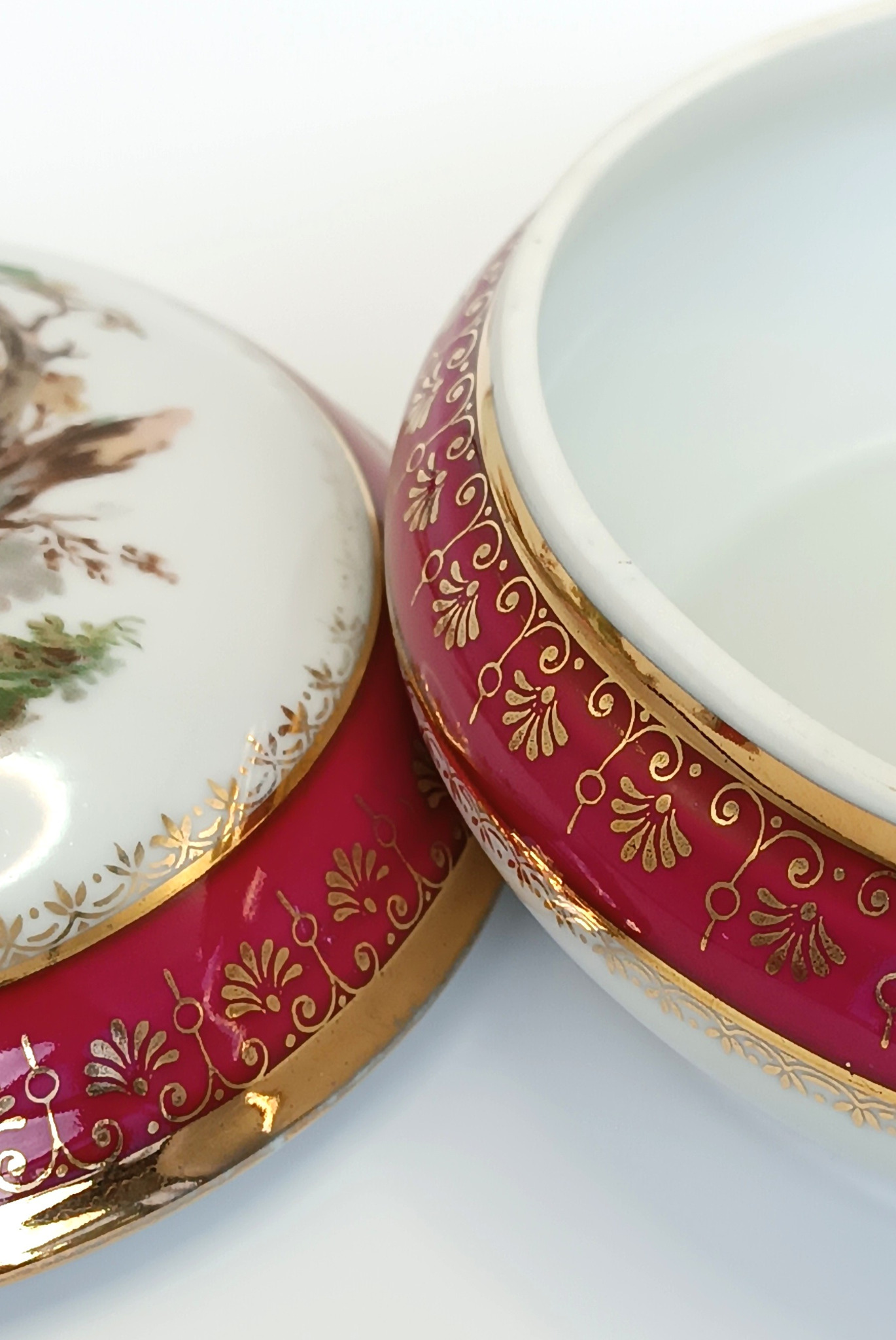Interior and gilt rim of an open vintage Limoges France porcelain box