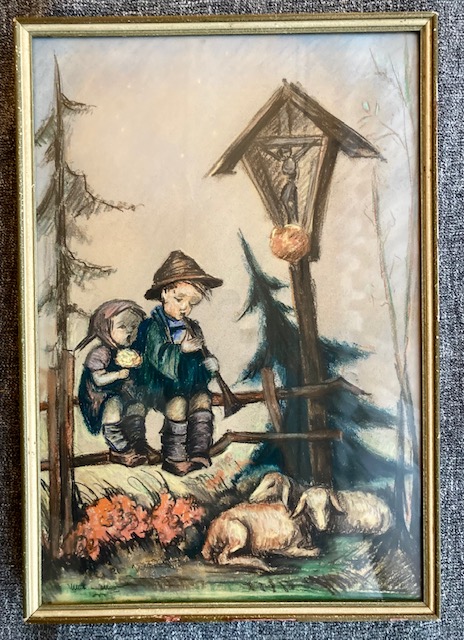 Hummel-Style Children and Sheep Pastoral Illustration Framed Hummel style illustration of two children with sheep in a rural landscape
