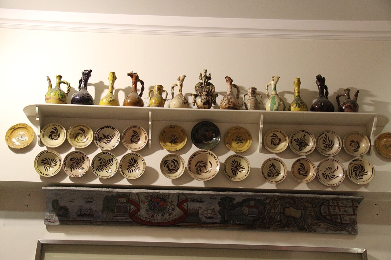 Historic porcelain displayed in the Modern Greece collection at the Benaki Museum