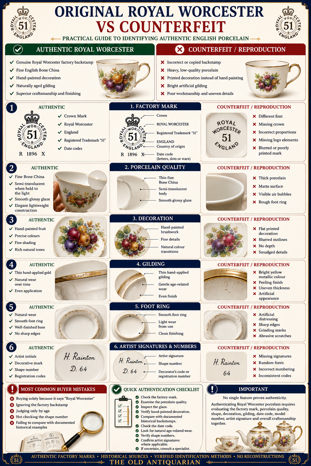 Original vs fake Royal Worcester porcelain comparison