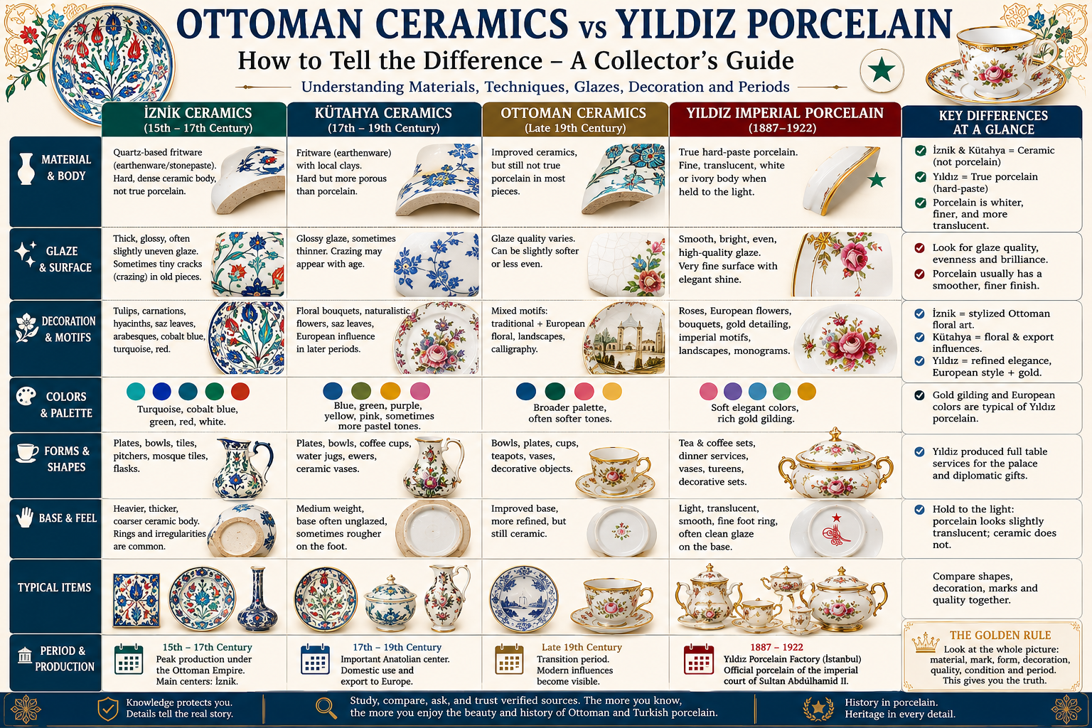 Ottoman ceramics vs Yıldız porcelain identification guide comparing İznik Kütahya and Yıldız