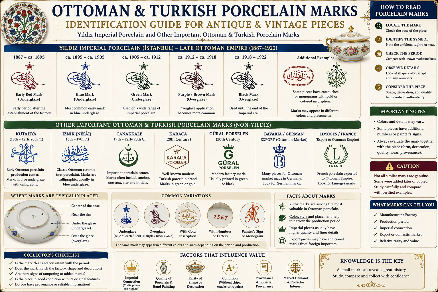 Ottoman and Turkish porcelain marks identification guide including Yıldız porcelain marks