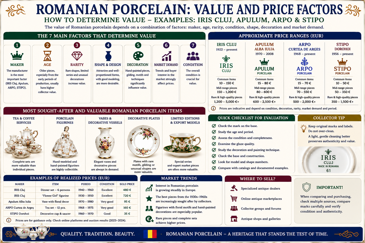 Romanian porcelain value and price factors for IRIS Cluj Apulum ARPO and STIPO
