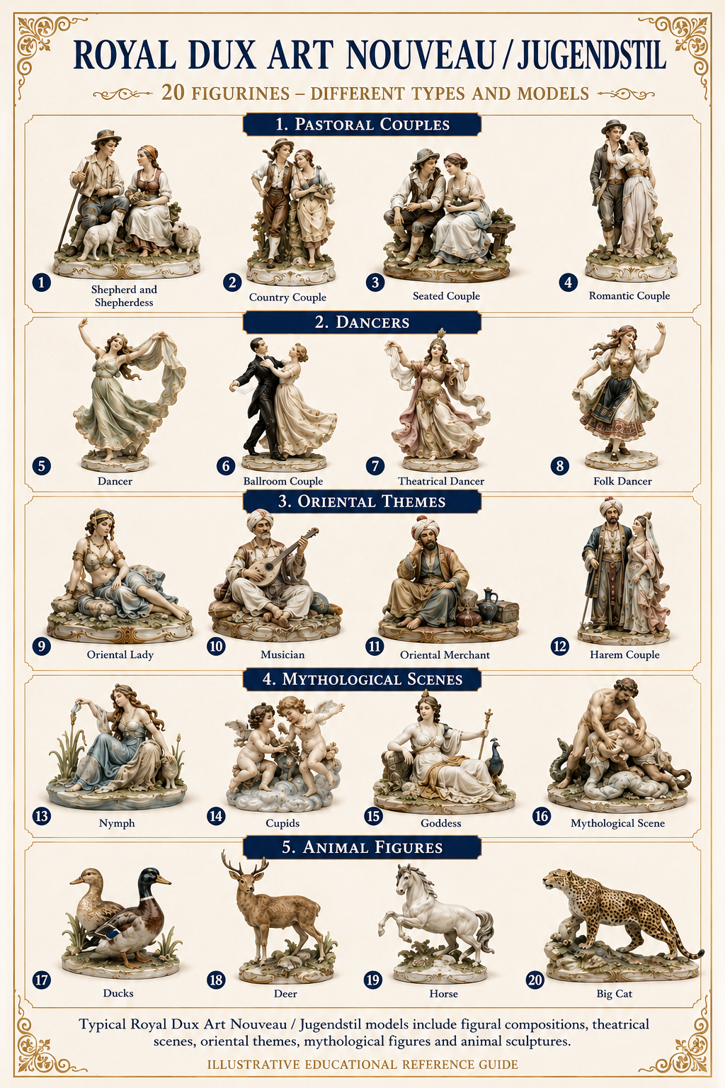 Royal Dux Art Nouveau / Jugendstil – 20 Figurine Types Royal Dux Art Nouveau and Jugendstil figurine types including pastoral couples dancers Oriental themes mythology and animals