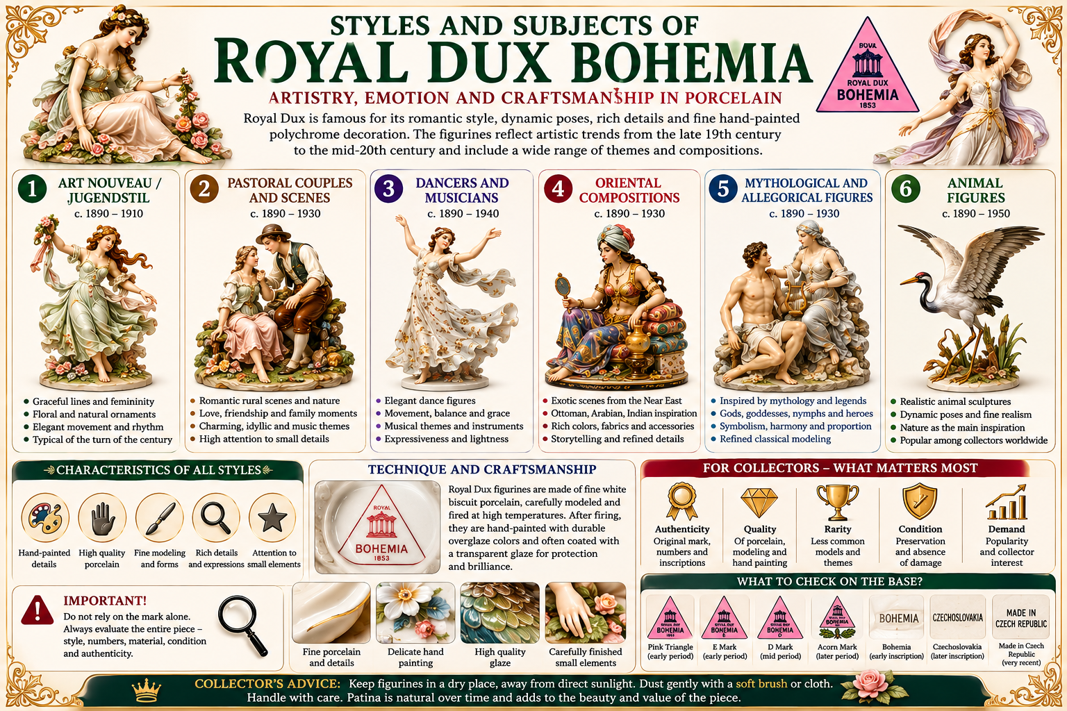 Royal Dux Bohemia – Styles and Themes of Figurines Royal Dux Bohemia figurine styles including Art Nouveau pastoral dancers Oriental mythological and animal subjects