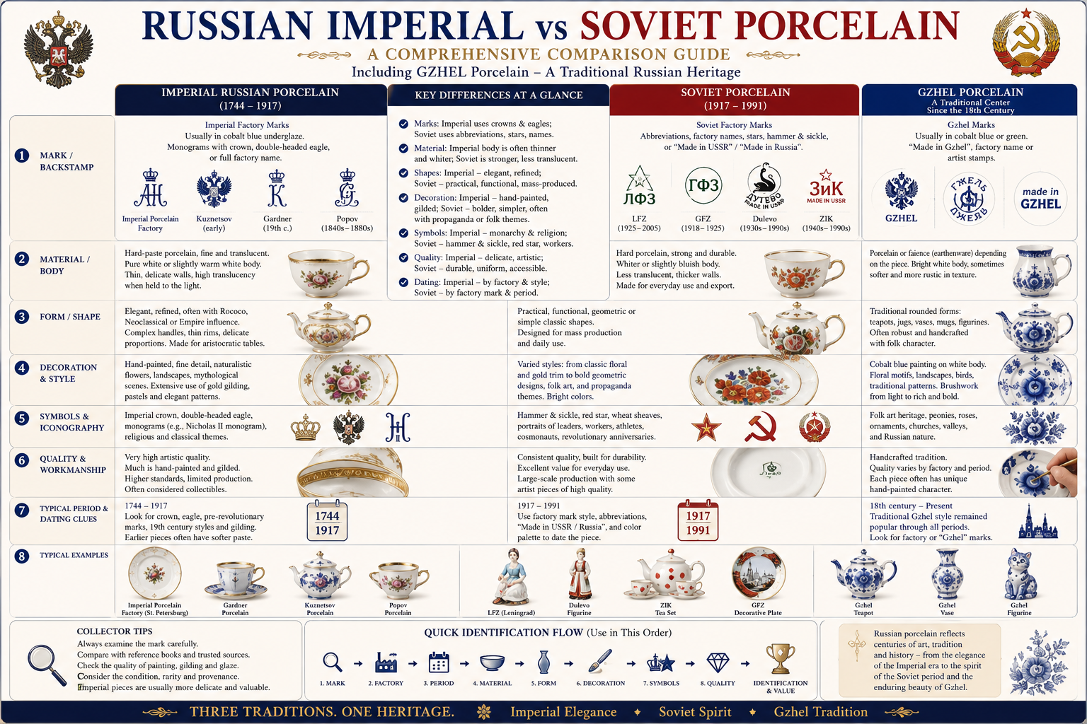 Russian Imperial vs Soviet porcelain identification comparison including Gzhel porcelain