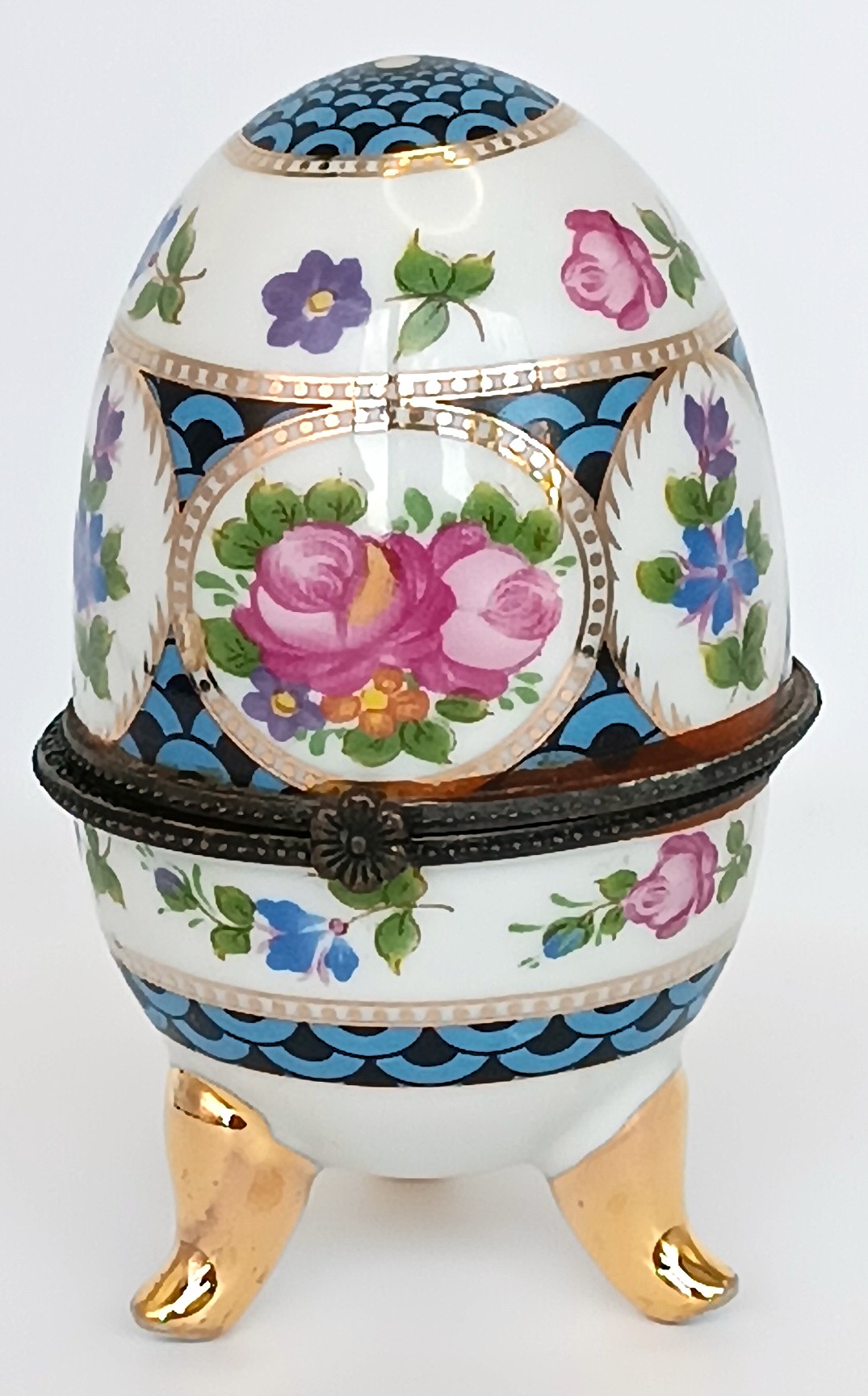 Vintage Vicko hand-painted porcelain egg trinket box with floral decoration, gilt feet and metal clasp