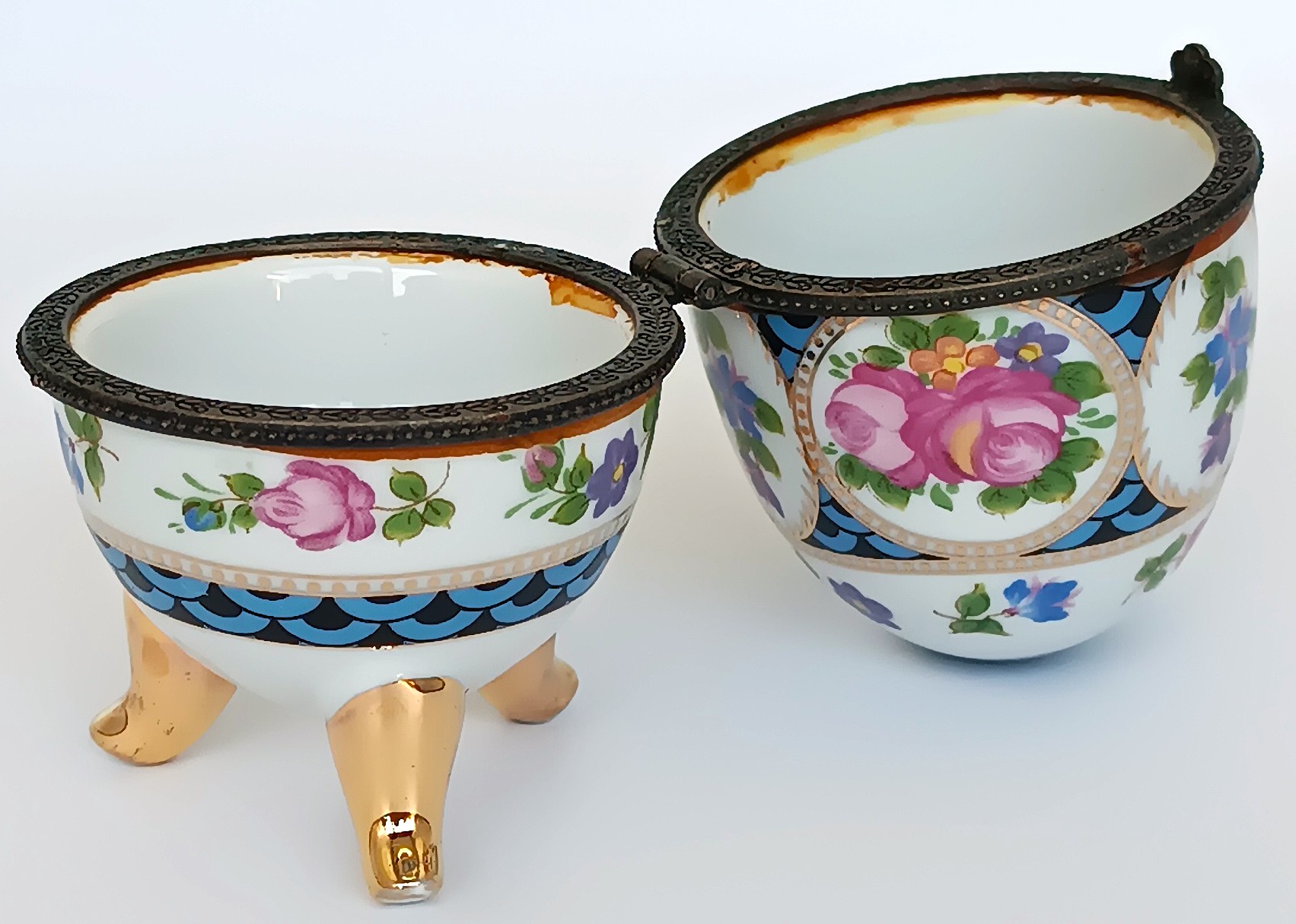 Open vintage Vicko porcelain egg trinket box showing floral decoration, gilt feet and hinged interior