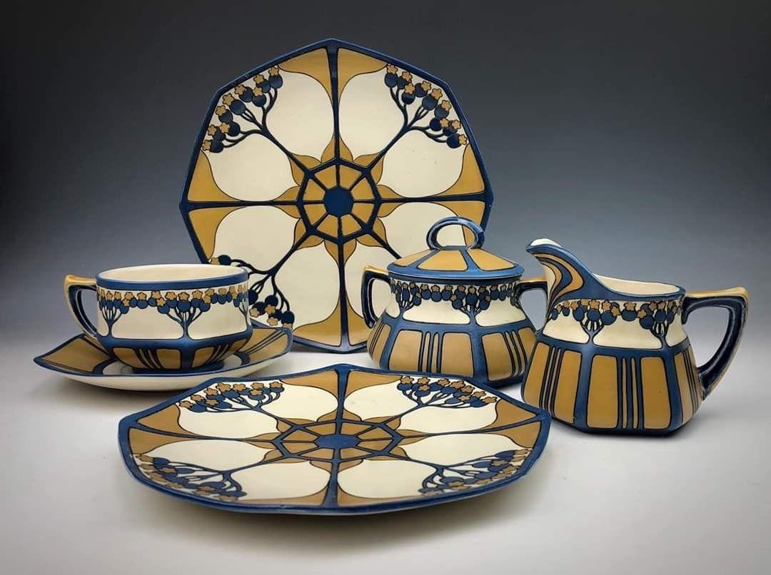 Antique Villeroy & Boch Mettlach stoneware tea service dating from 1911 to 1912