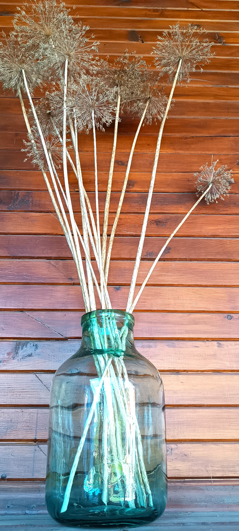Vintage green glass 8-litre demijohn used as a decorative vase with dried flowers
