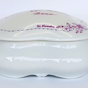 Side view of a vintage Limoges France porcelain anniversary box with a personalised inscription dated 30 November 1985